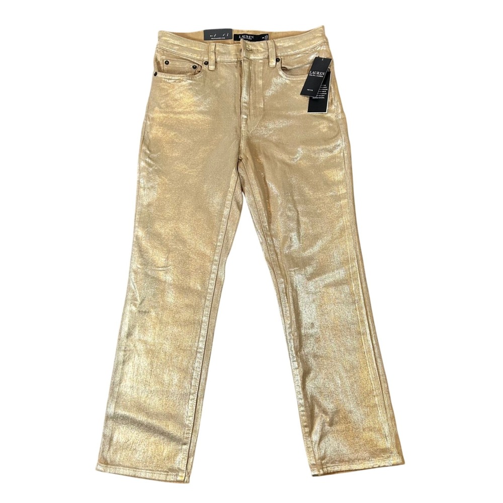 Ralph Lauren Gold Metallic High Rise Straight Ankle‎ Jeans 6P Fits 30x25 New